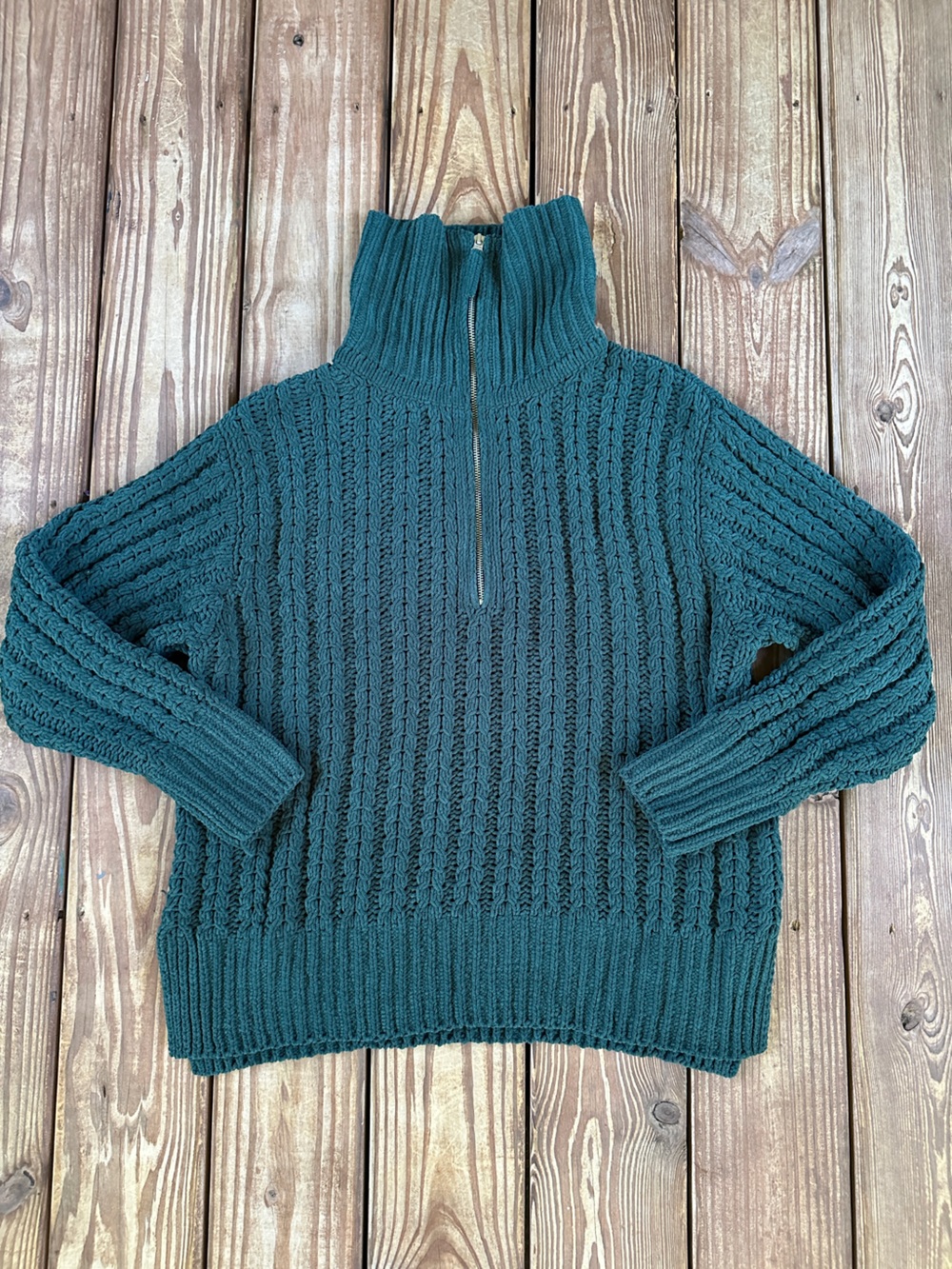 Aerie Green Chenille Quarter Zip Sweater High Low Cable Knit M